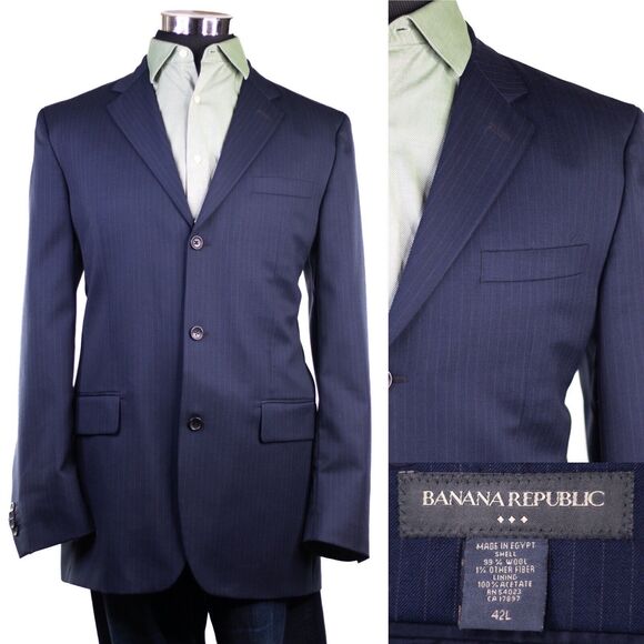 Banana Republic Mens Wool Blazer Jacket Sport Coat Blue Striped SZ 42L **MINT** - Picture 1 of 12